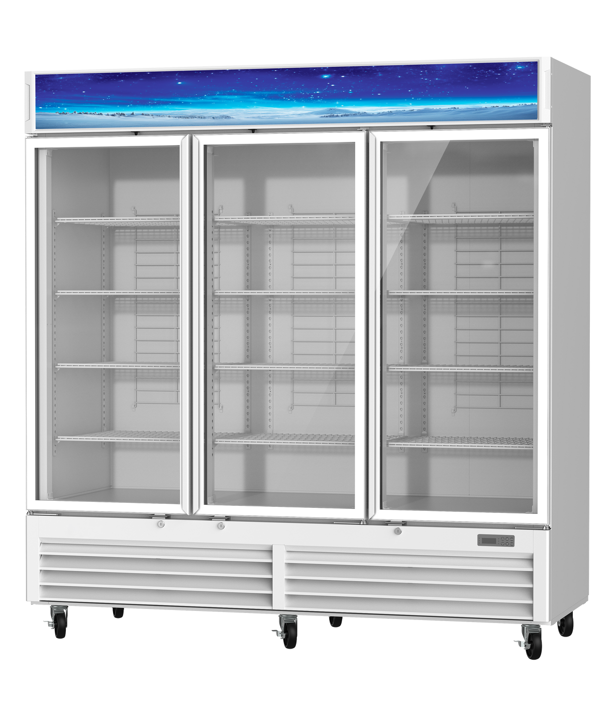A large, white glass door refrigerator with three doors, empty interior shelves, and wheels at the base. The top panel displays a blue starry sky graphic. This commercial refrigerator is set against a plain, white background.