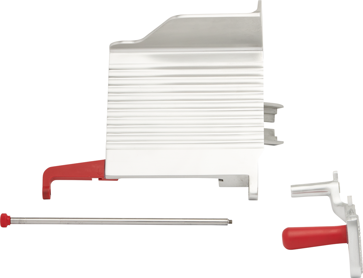 A set of metallic, mechanical tools with red handles and accents, including what appears to be a manual slicer part and a carbon steel knife, all laid out on a plain white background.