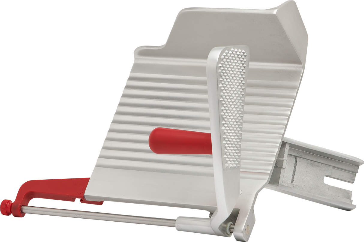 A modern and functional manual slicer, inspired by the Berkel B12-SLC, featuring a metallic ridged cutting surface, red adjustable thickness lever and handle, textured safety guard, and a clamp for stability.