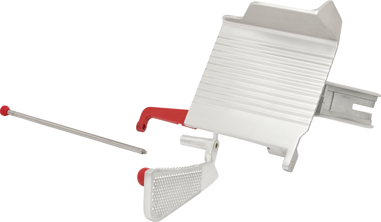 A Berkel B12-SLC manual slicer with a ribbed metal cutting surface, carbon steel knife, red handle, white food holder with small grating holes, and a slender metal rod, all placed on a white background.
