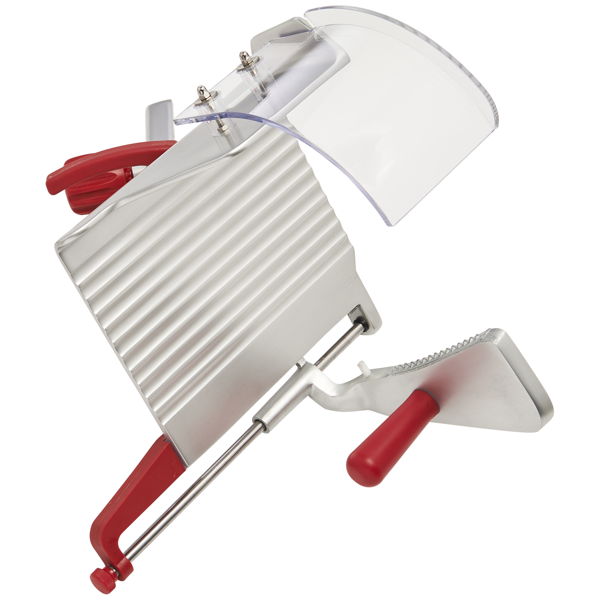 A metal mandoline slicer with red handles and a wavy blade, inspired by the efficiency of a gravity feed slicer. It features a grooved surface, clear plastic hand guard, and adjustable thickness lever for safe, uniform vegetable slicing.