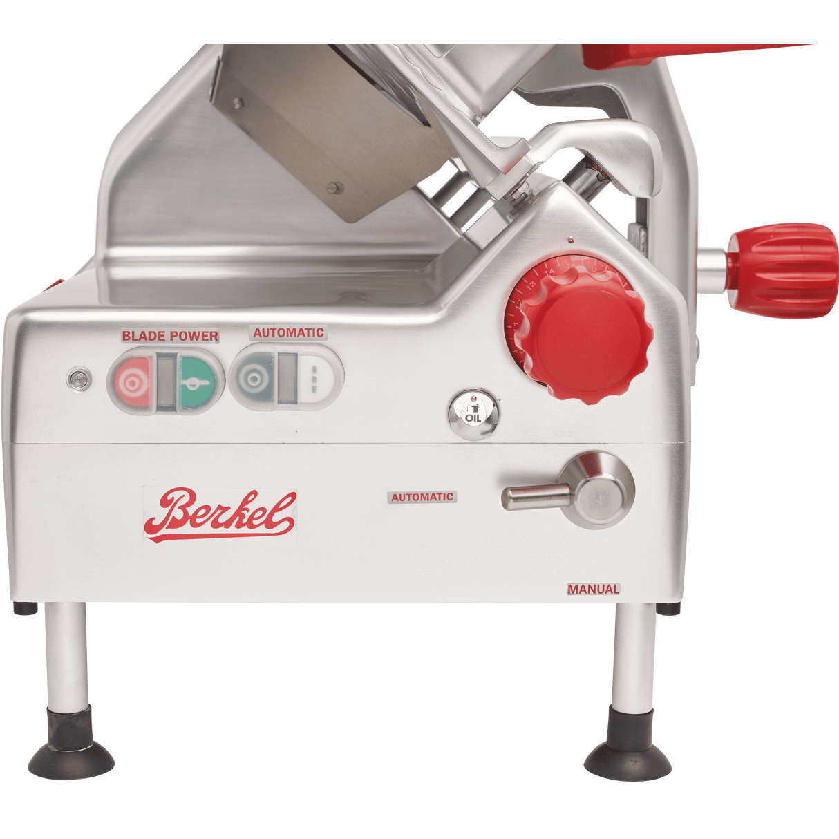 A close-up of a Berkel automatic slicer shows control buttons labeled “Blade Power” and “Automatic,” a large red dial, silver switch for Automatic or Manual mode, the Berkel logo, and its metallic exterior with a 12 carbon steel knife.