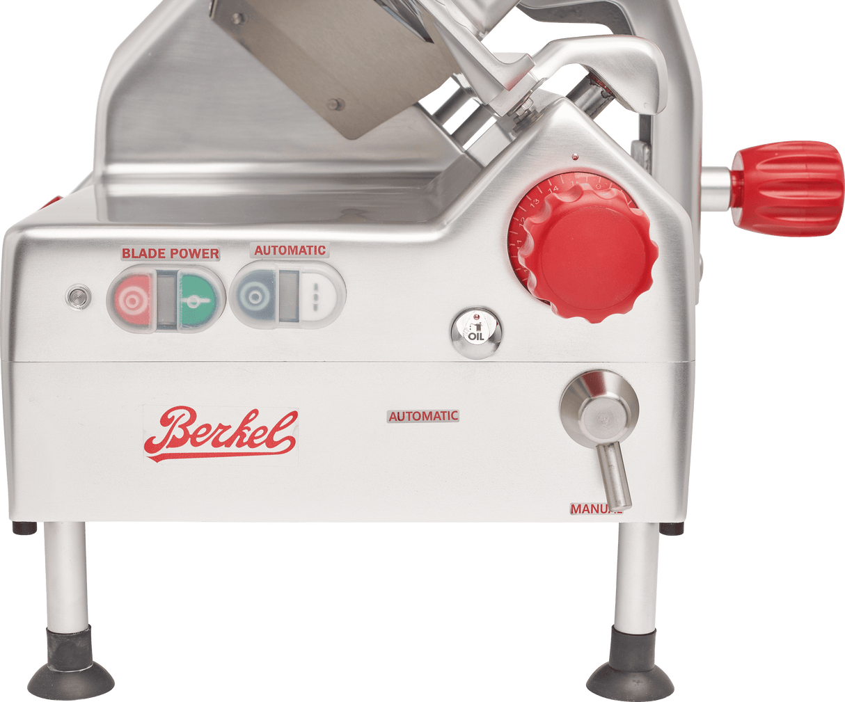 A close-up of a Berkel automatic slicer featuring a 12 carbon steel knife, a red power dial, silver lever labeled automatic/manual, indicator lights, and visible blade area. The machine stands on four legs with rubber feet and has a logo on the front.