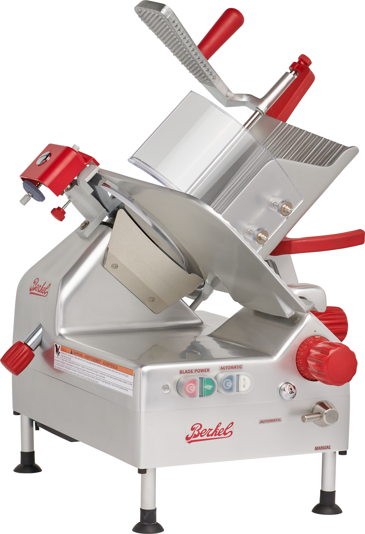 A commercial gravity feed slicer with a tilted blade, red control knobs, and labeled buttons. It features a sliding tray, food press, safety guard, “Berkel” branding on the front, and various adjustment dials for precise cutting.