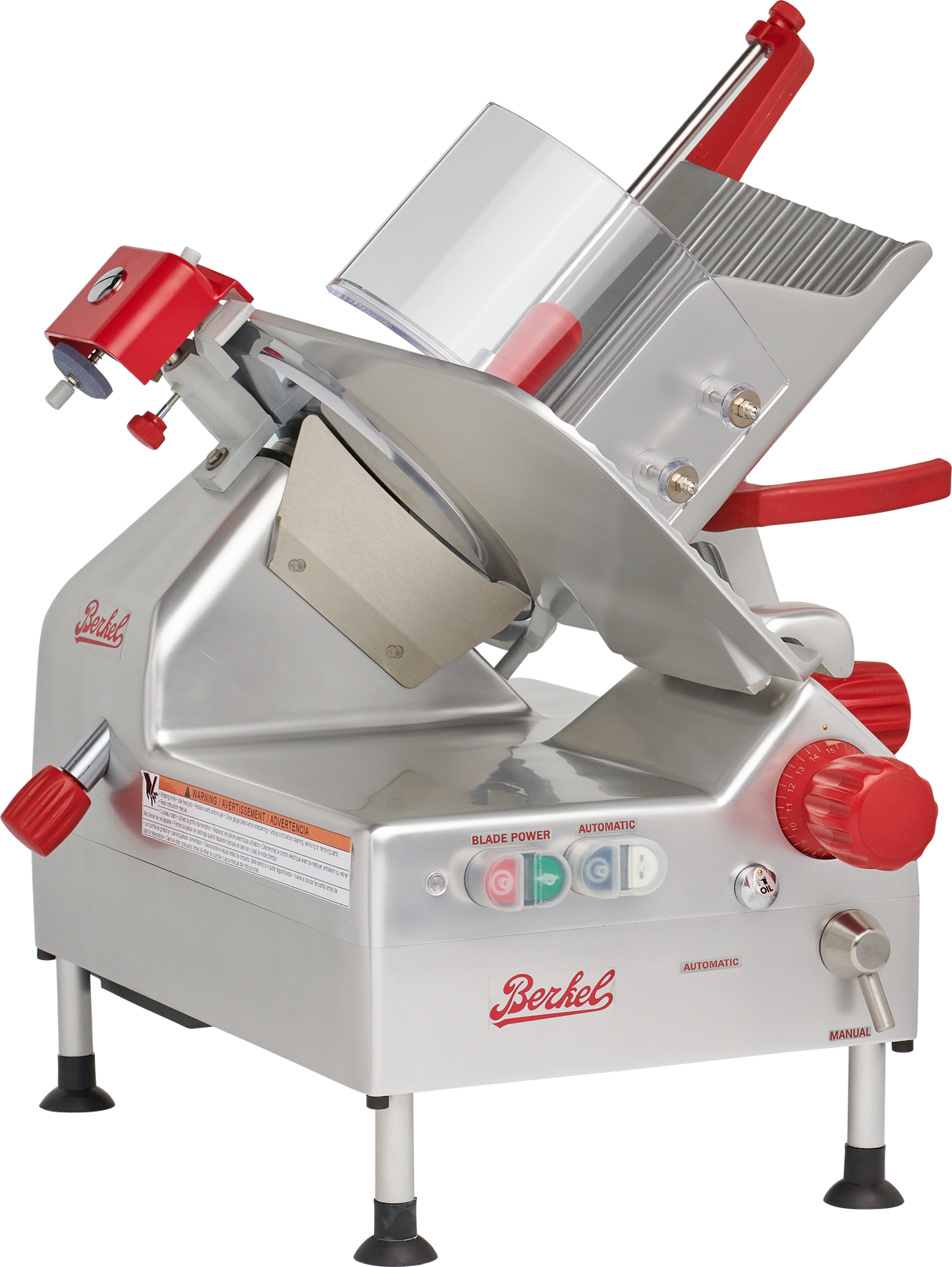 A commercial gravity feed slicer with a shiny metal body, red handles, knobs, and buttons. It features a large 12 carbon steel knife, safety guard, and labeled controls. The brand name “Berkel” is printed in red lettering on the side and front panel.
