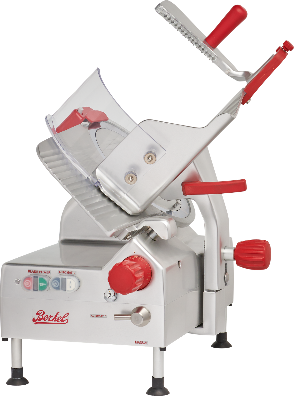 A commercial gravity feed slicer with a red handle and knob, labeled Berkel. It features control buttons, a tilted metal slicing platform with protective guard, and an adjustable 12 carbon steel knife. The design is primarily silver with red accents.