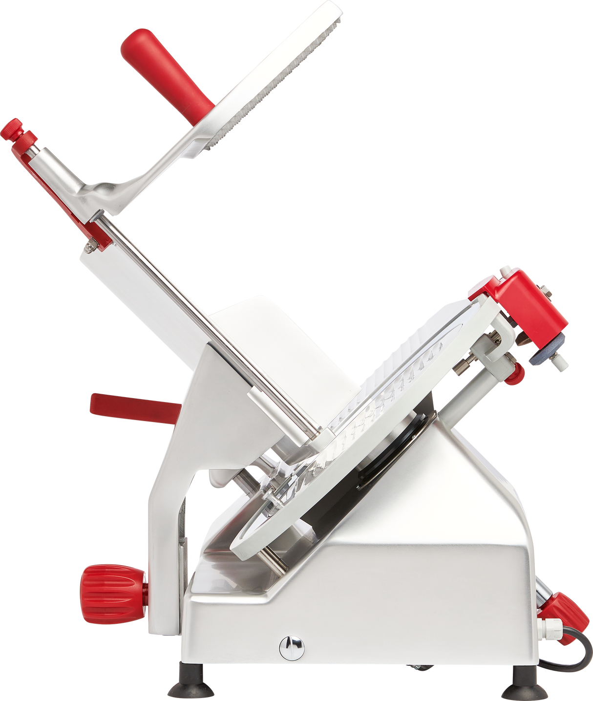 A side view of a silver panini press with red handles and knobs. The top plate is lifted, revealing grill plates similar to those on a manual gravity feed slicer. The device stands on black feet with a modern, metallic finish.