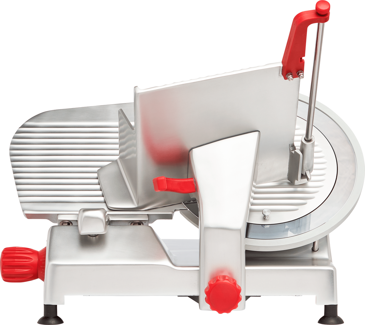 A commercial manual gravity feed slicer with a metallic body, carbon steel knife, adjustable slicing thickness knobs, and red handles. The slicer features a sliding tray for food placement and safety guards, all set against a white background.