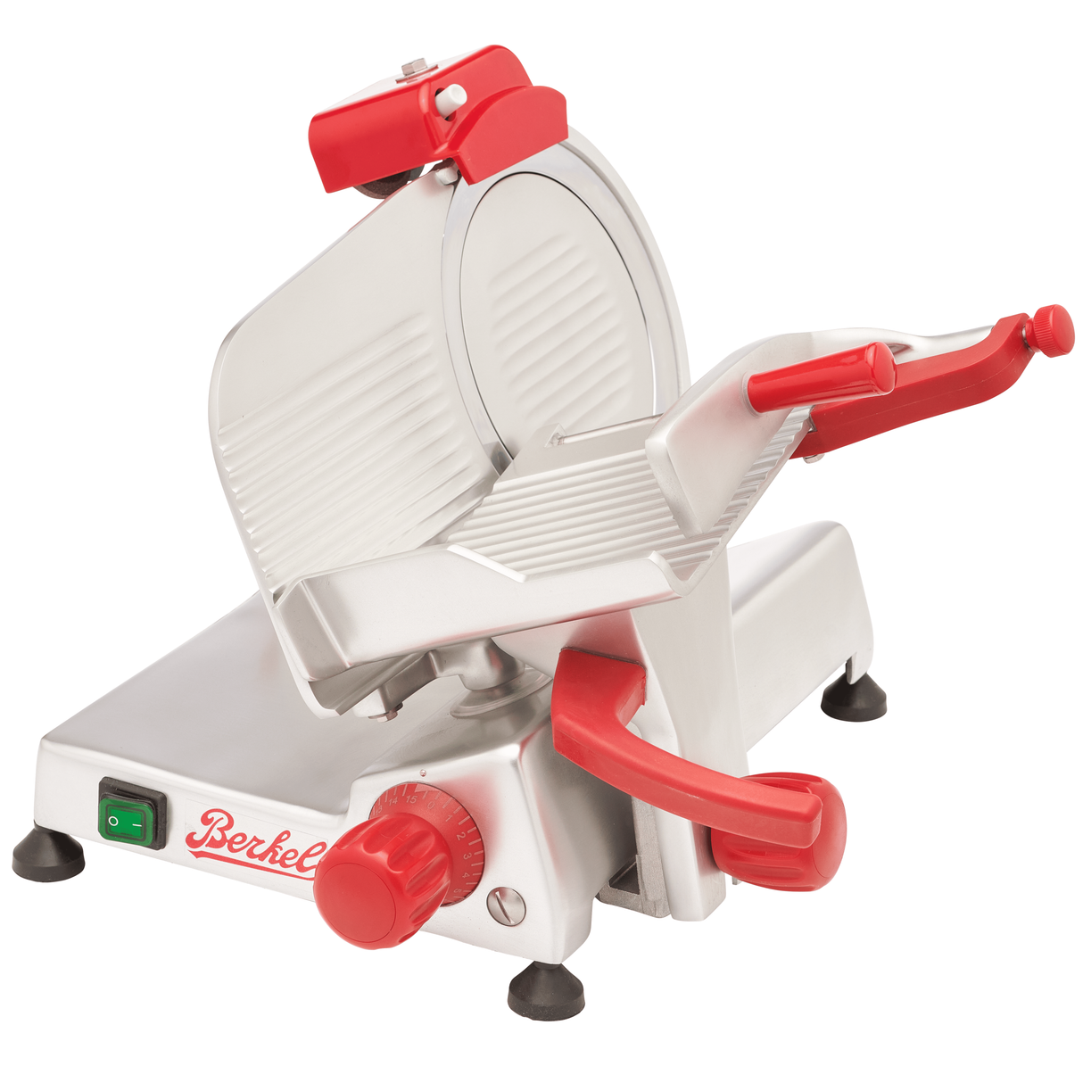 A commercial-grade slicer with a silver body and red accents, including the handle, knob, and safety guard. Features a manual gravity feed, chromium-plated carbon steel knife, circular blade, power switch, non-slip feet, and Berkel branding.