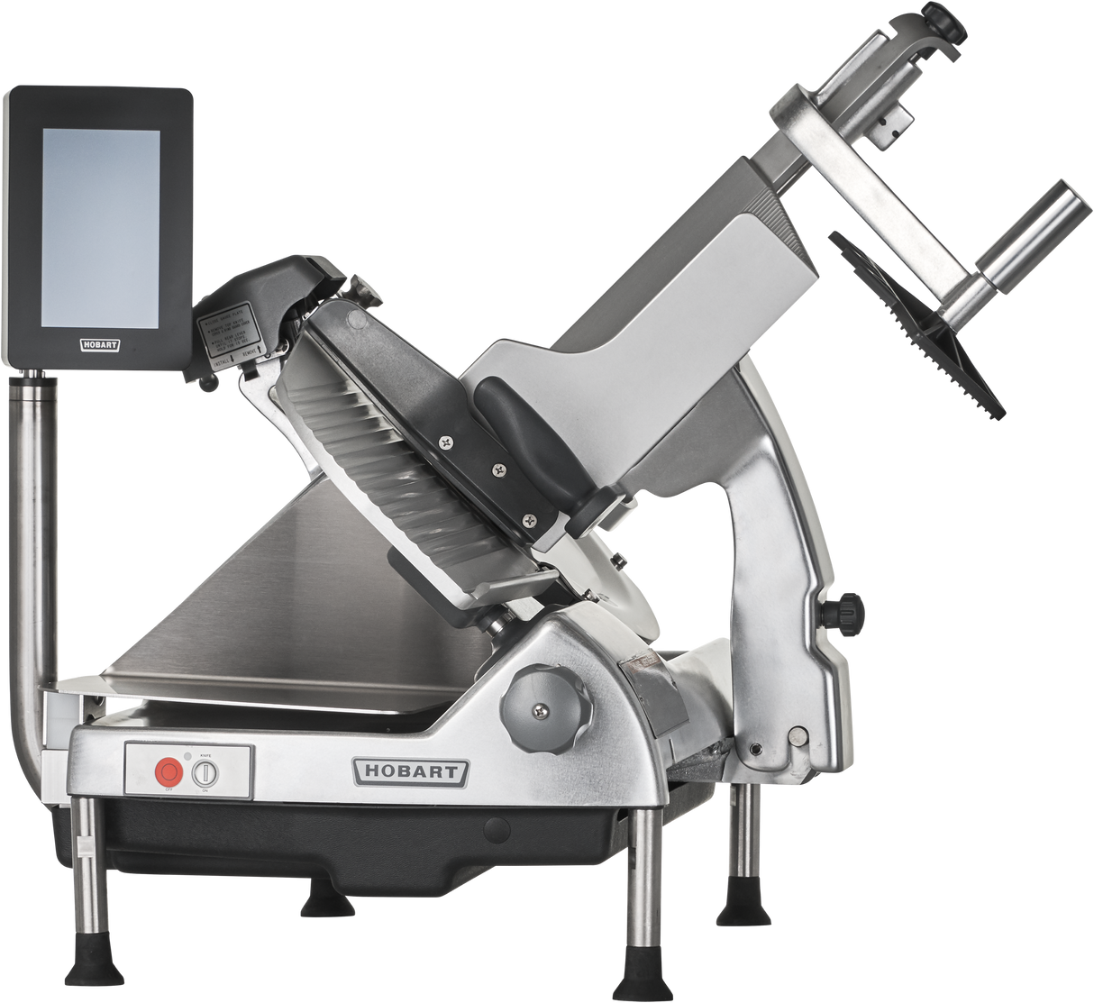 A commercial-grade Hobart HS6-1PS Heavy Duty Meat Slicer with a tilted base, sharp 13 CleanCut Knife blade, digital touchscreen display on the left, and extended pusher arm. Made of stainless steel and stabilized by rubber feet.