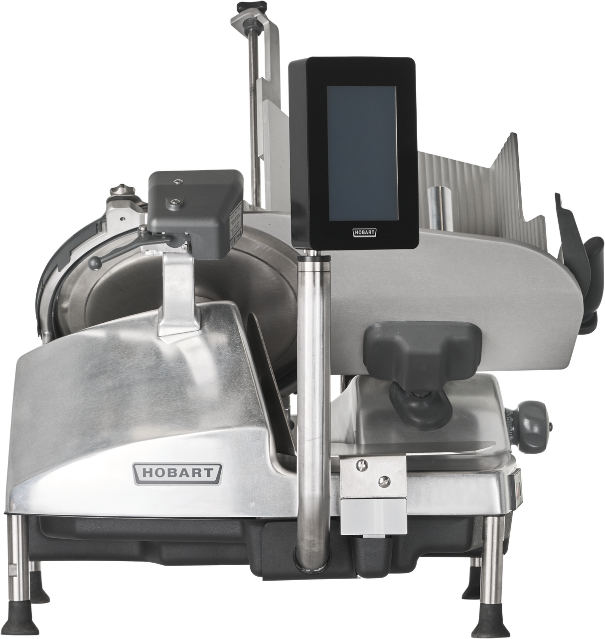 A Hobart HS6-1PS Heavy Duty Meat Slicer with a 13 CleanCut Knife, digital screen, and stainless steel features. Seen from the front, it includes a handle, thickness knob, and safety guards on a clean, neutral background.