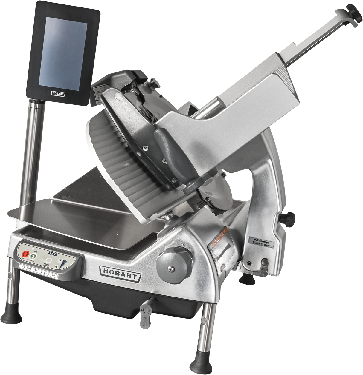 A heavy duty meat slicer, this commercial-grade Hobart features a large angled removable knife, adjustable thickness control, touchscreen display on a stand, and sturdy metal construction—ideal for slicing meats or cheeses in professional kitchens.