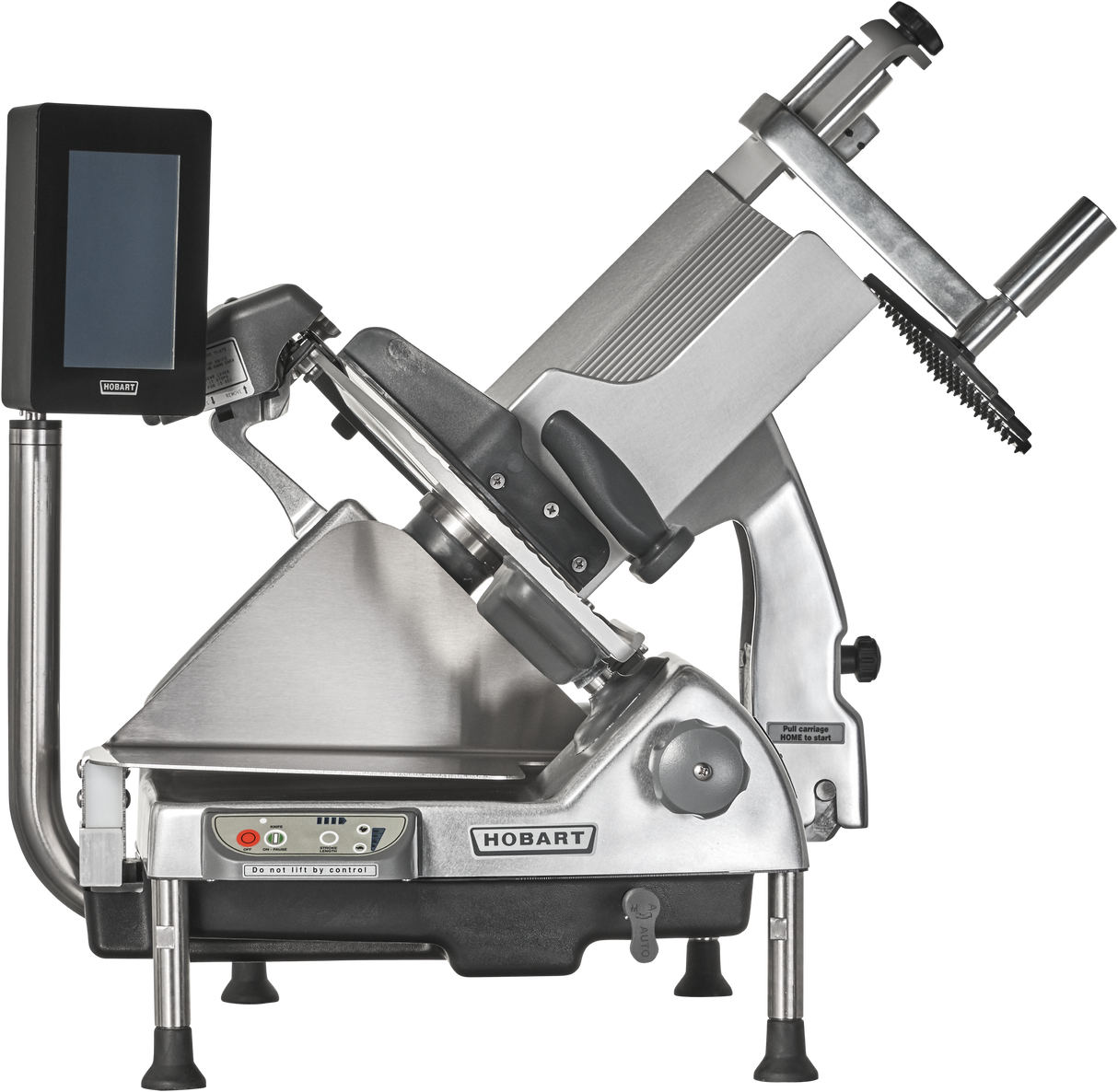 A Heavy Duty Meat Slicer, this commercial-grade Hobart features a tilted stainless steel removable knife, adjustable thickness control knob, digital display screen, safety guard, and food carriage—ideal for any professional kitchen.