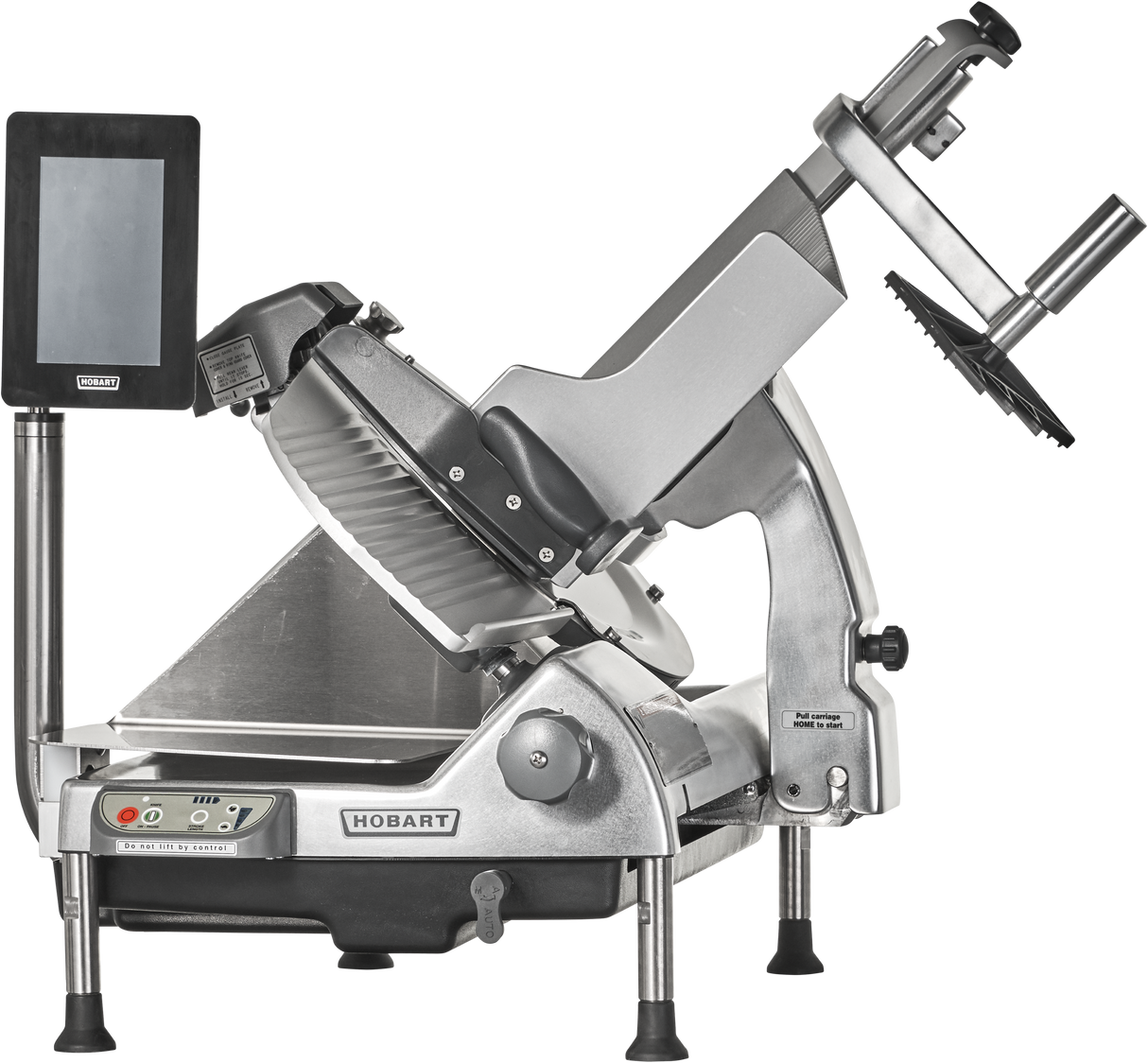 A silver Hobart heavy duty meat slicer with a digital control panel, adjustable slicing blade, black handle, removable knife, and safety guard. The automatic meat slicer is angled with a display screen on the left and stands on four short legs.