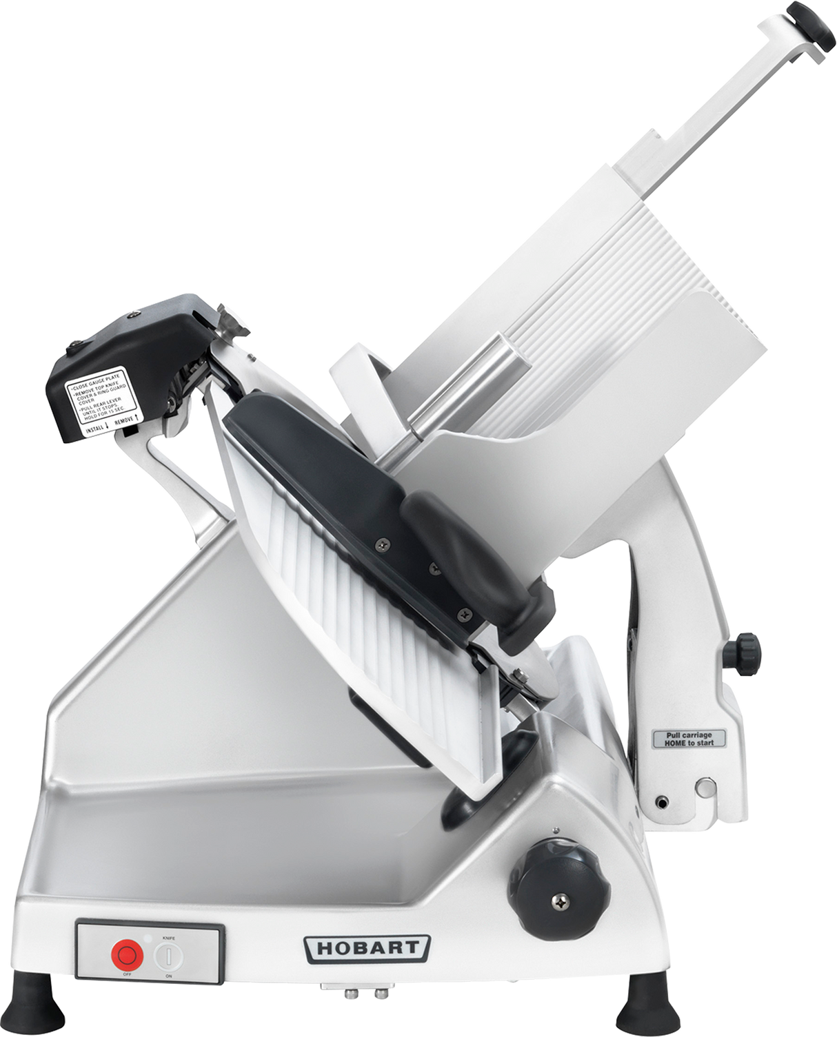 A silver and black Hobart HS8N Heavy Duty Meat Slicer with a CleanCut knife, circular blade, food carriage, thickness adjustment knob, and Hobart label on the base. The slicer is set on a flat surface with the carriage tilted upward.