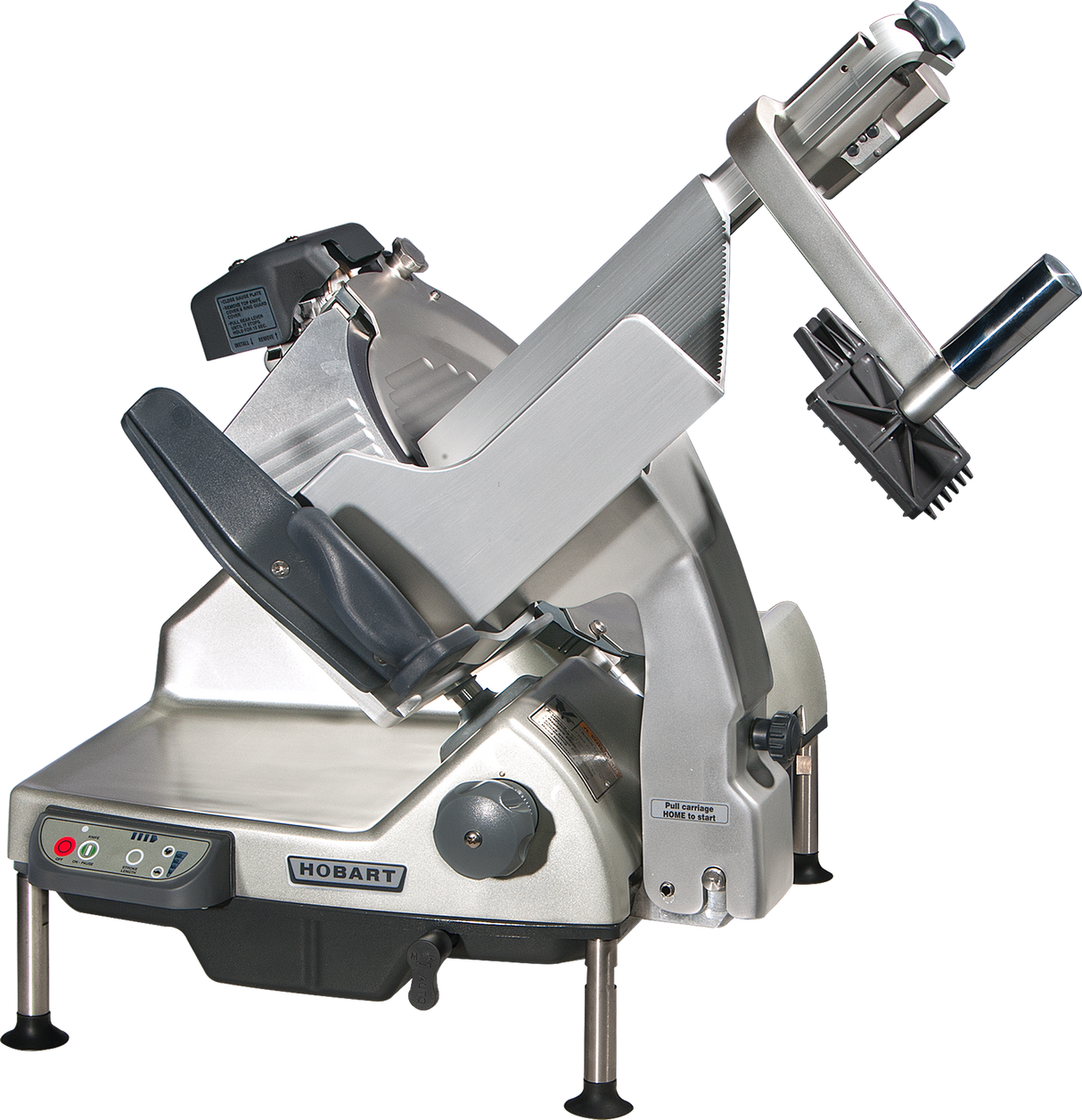 A heavy duty meat slicer by Hobart, featuring a slanted blade, food carriage, and black handle. The machine includes a CleanCut removable knife, control buttons, thickness adjustment knob, safety guard, and is elevated on four sturdy legs.