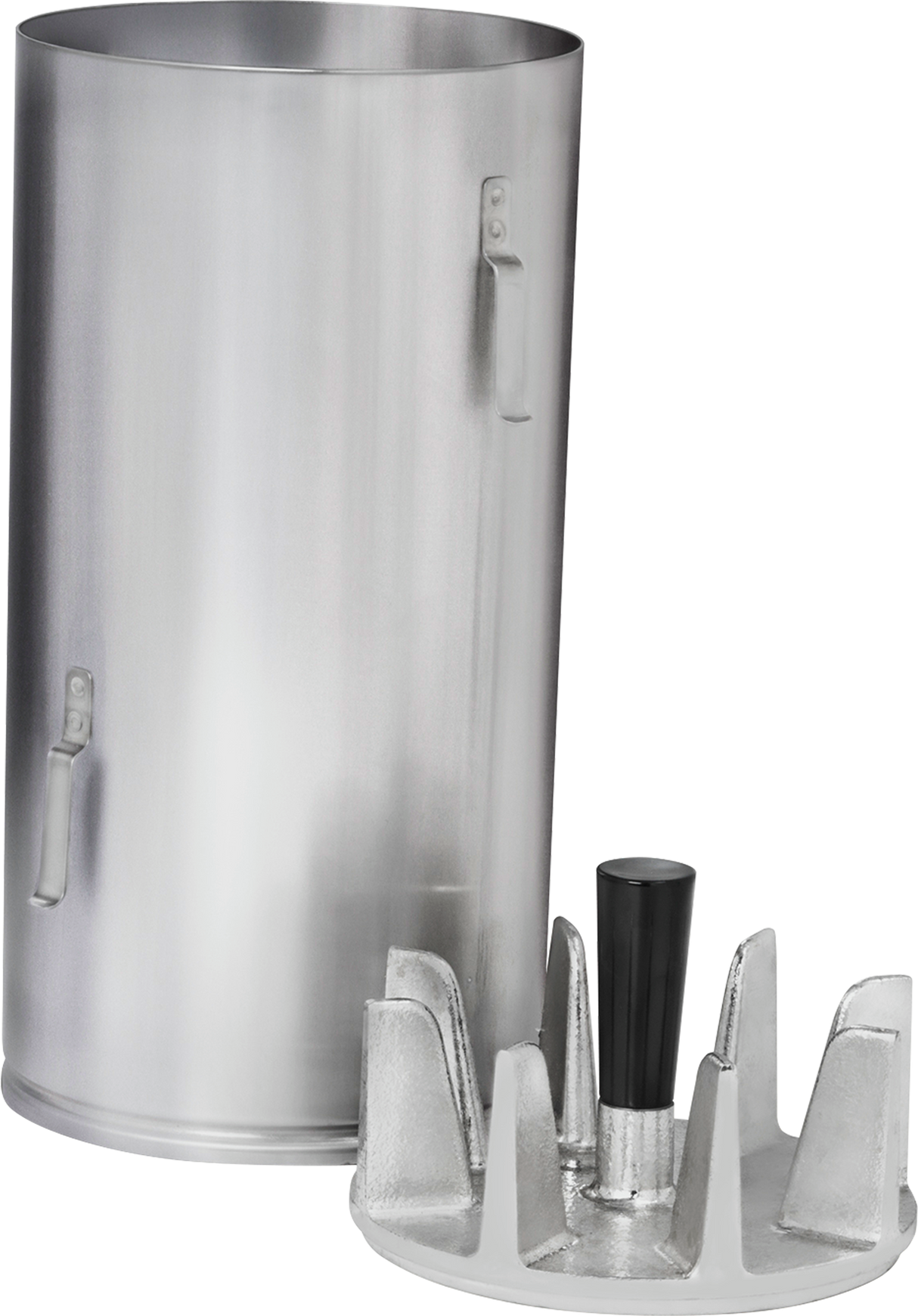 A large, shiny metal cylinder stands upright beside a round, flat metal plate with vertical blades and a central black handle, resembling the 13 CleanCut removable knife found on a Heavy Duty Meat Slicer like the Hobart HS6-1R.