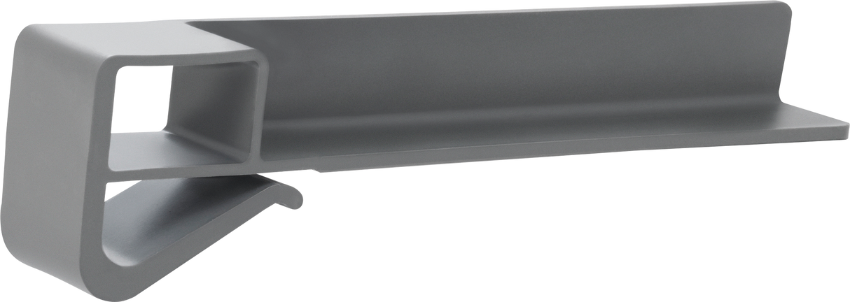 A modern, minimalist gray metal shelf with a rectangular base, an upper flat surface, and a small open compartment. The curved bottom edge is ideal for hanging items like a 13 CleanCut knife or tools for your Hobart Heavy Duty Meat Slicer. Sleek and functional design.