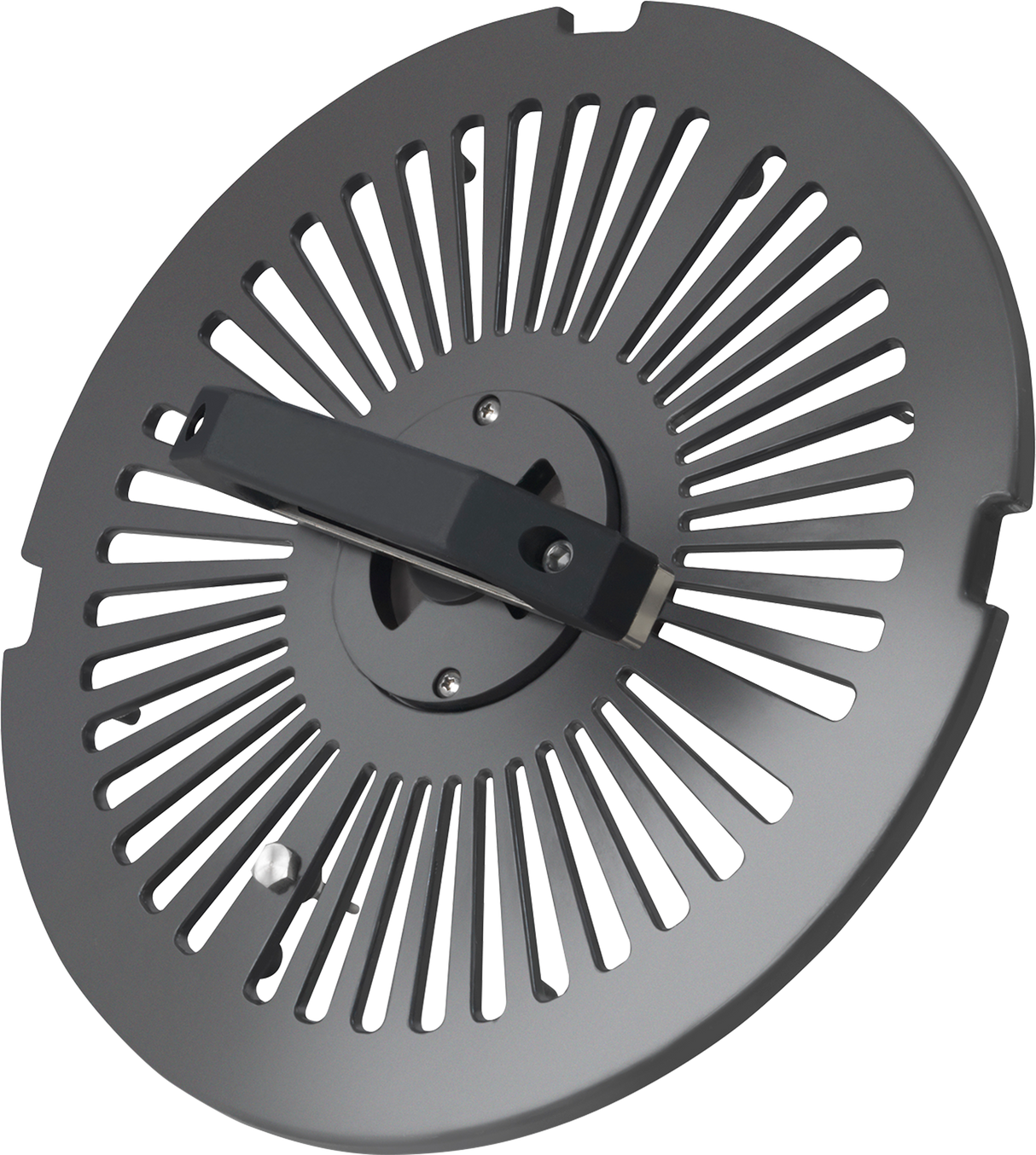 A round, metallic disc with evenly spaced radial slits and three notches along the edge, this is part of a Hobart Meat Slicer. A black handle extends from the center, while its matte finish gives a functional and modern look.