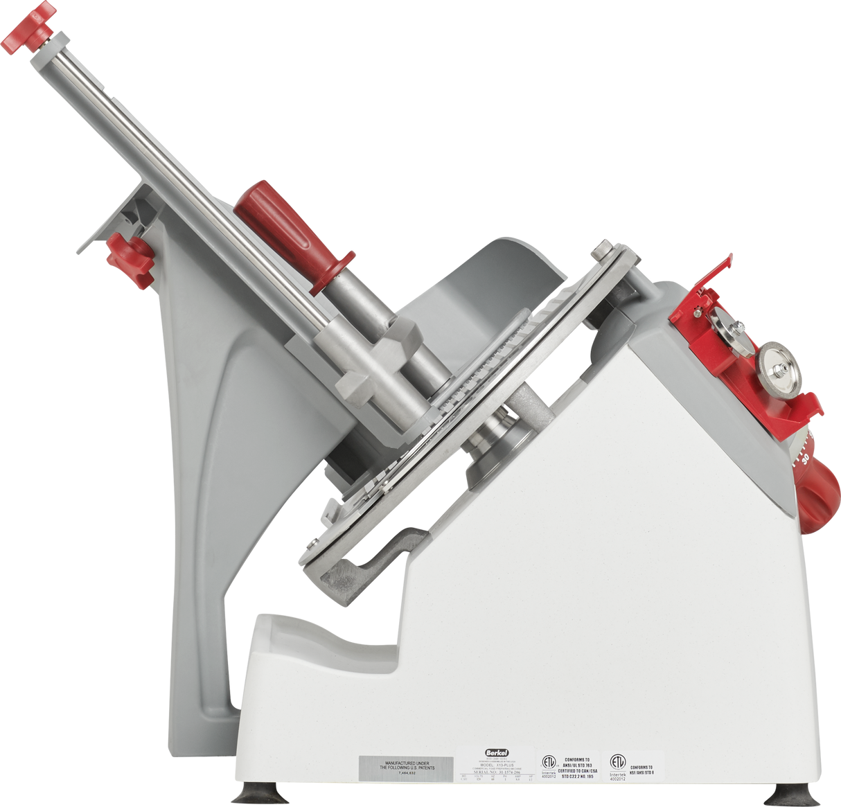 The Berkel X13-PLUS Premium Food Slicer features a white base, gray angled tray, and red handles. Its blade guard, food pusher, and adjustment knobs are visible, highlighting the slicer’s sleek, industrial design and precise control elements.
