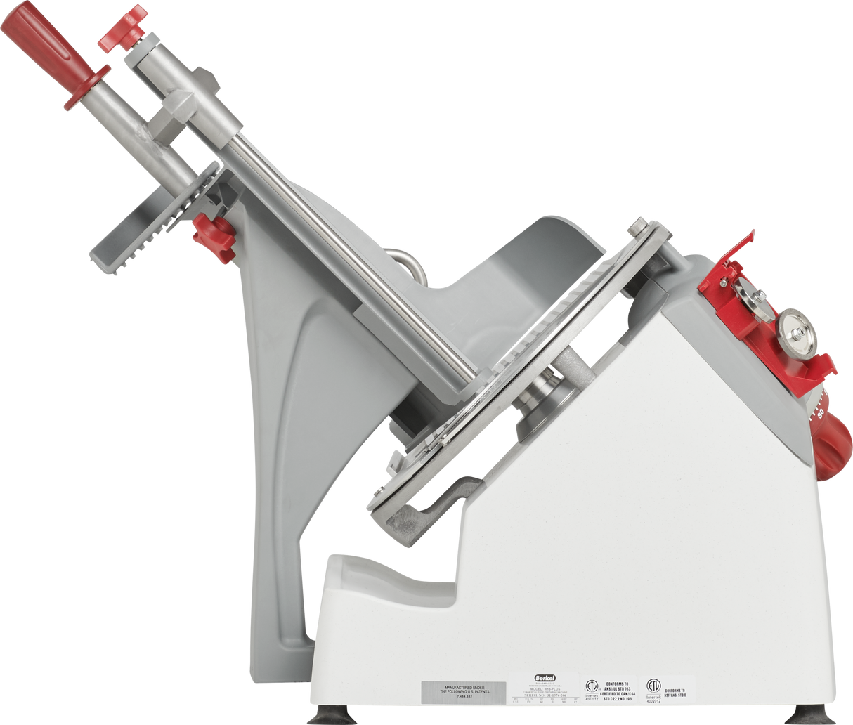 The Berkel X13-PLUS Premium Food Slicer features a white base, tilting metal carriage, round cutting blade, and red adjustment knobs. Shown from the side, this manual food slicer boasts a smooth, modern design and functional components.
