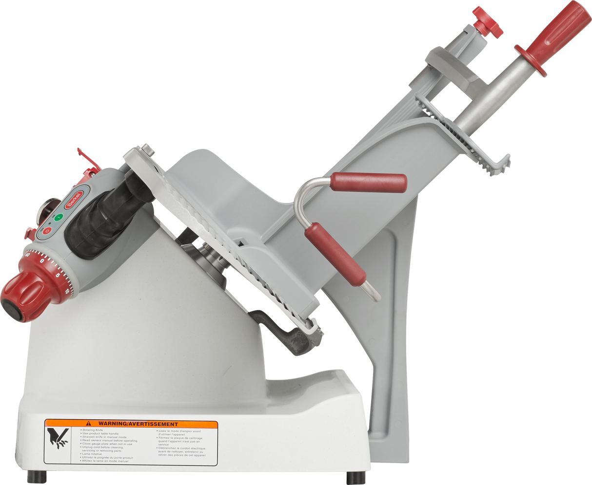 The Berkel X13-PLUS is a premium food slicer featuring a tilted platform, red handles, control buttons, and safety labels on a sturdy white base—perfect for efficient, safe meat slicing in any professional kitchen or deli.