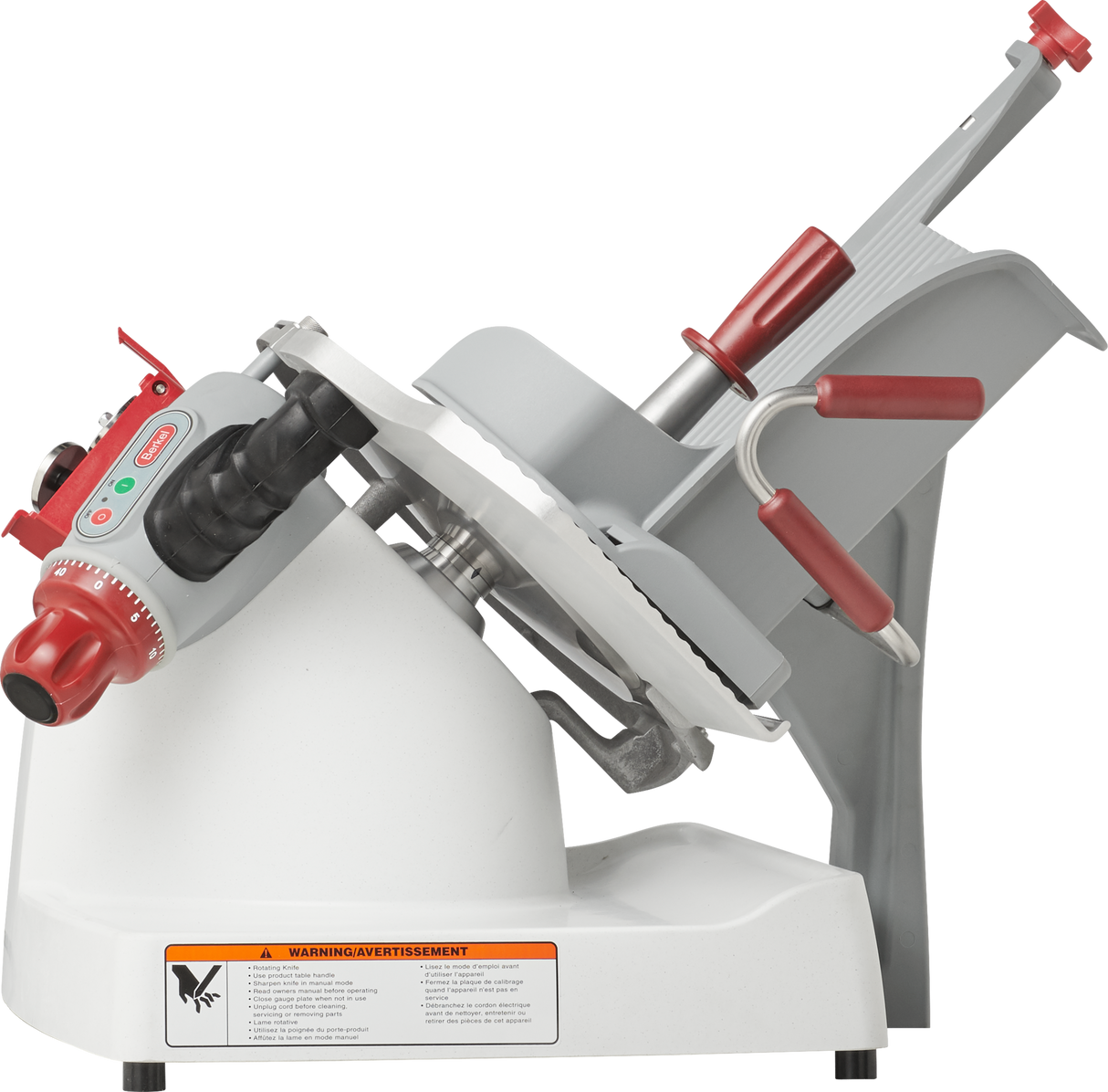 The Berkel X13-PLUS Premium Food Slicer is a commercial deli meat slicer with a tilted silver blade, red and black adjustment knobs, red handles, and safety warnings on the base. It rests on a white stand and includes a tray for sliding food toward the blade.