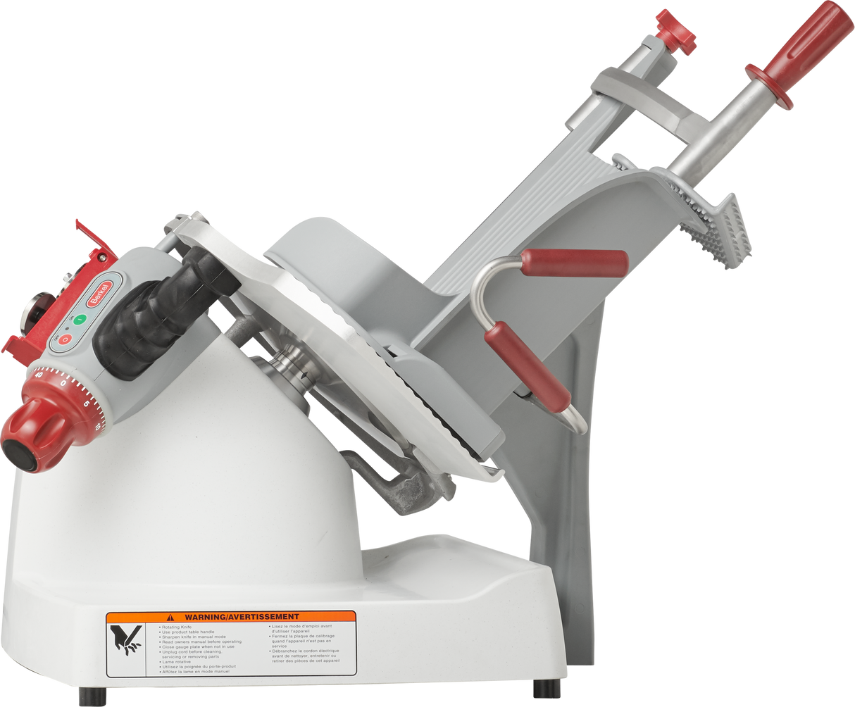 A grey and red machine, the Berkel X13-PLUS Premium Food Slicer offers precision and style for any kitchen.