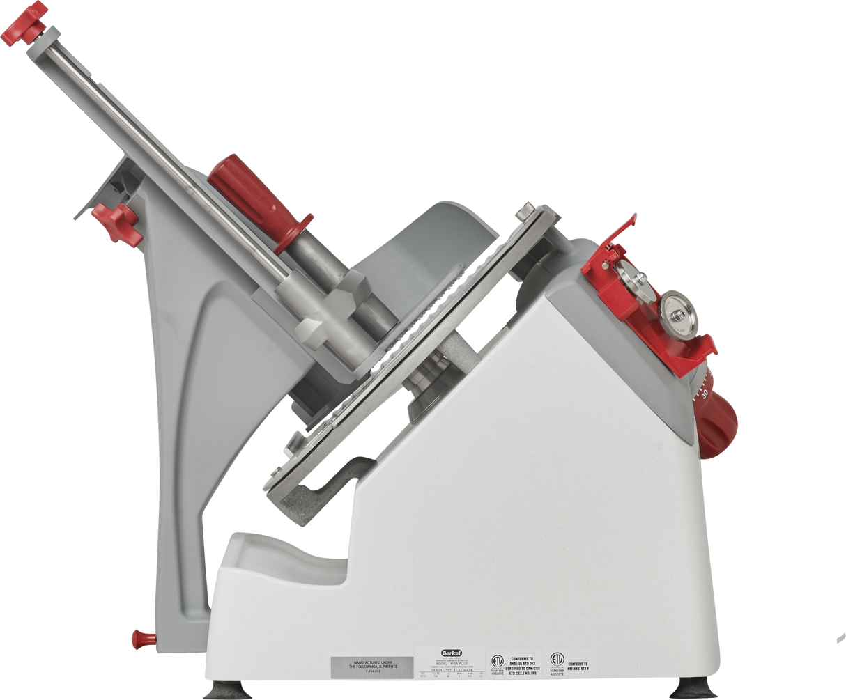 A Berkel X13A-PLUS premium food slicer with a white and gray base, silver blade, and red safety knobs is shown in profile. The automatic and manual slicer features a tilted slicing carriage and a partially covered guard for safety.