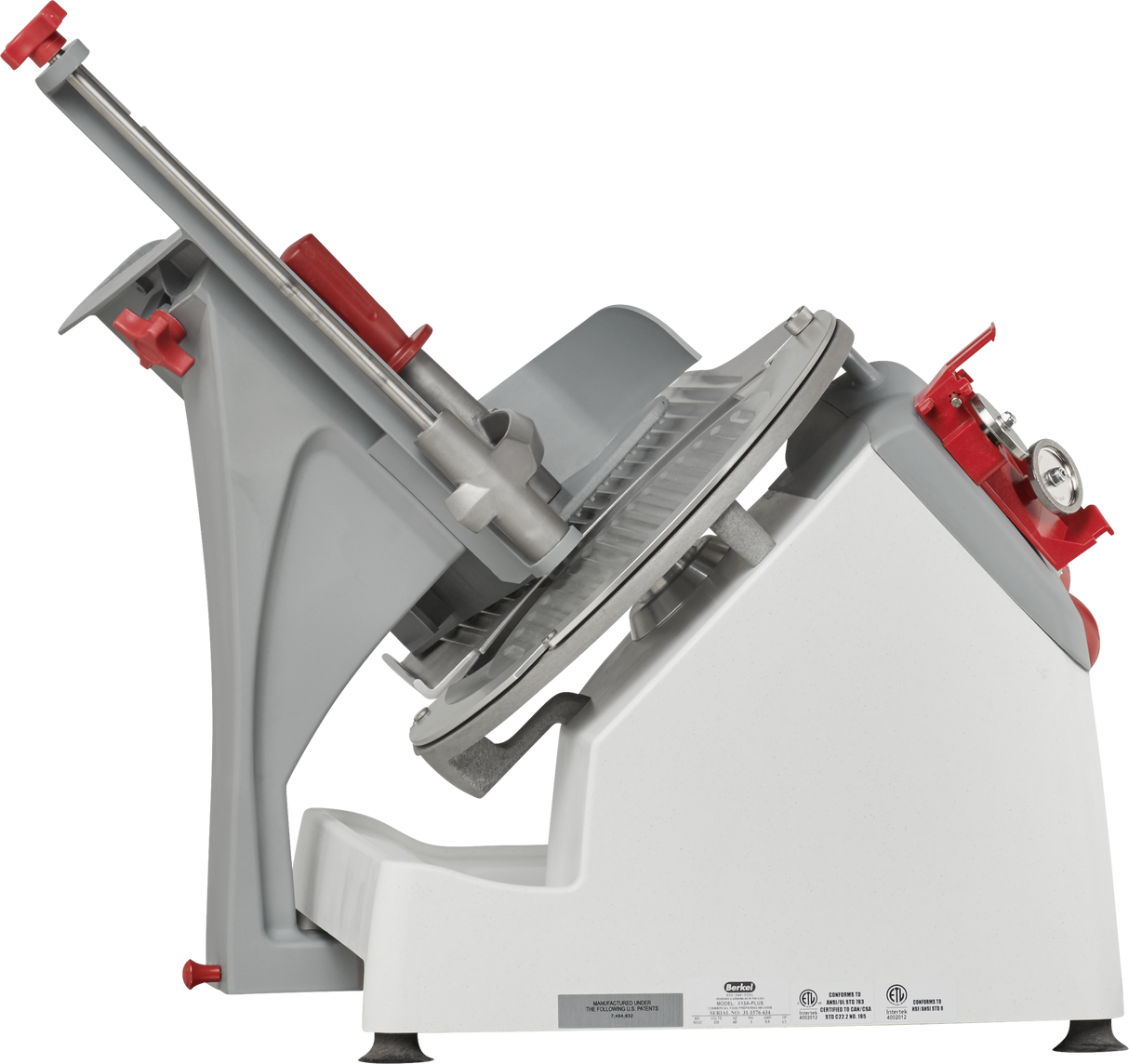 The Berkel X13A-PLUS automatic food slicer features a white and silver body, angled metal blade, red safety guards and knobs, a large handle for thickness adjustment, and a food carriage to securely hold and slide meat during slicing.