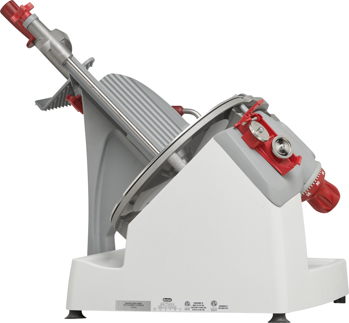 The Berkel X13A-PLUS is a premium food slicer featuring a white and red base, angled serrated blade, and adjustable thickness dial. This automatic and manual slicer includes safety features, a food tray, and a carriage handle for efficient slicing.