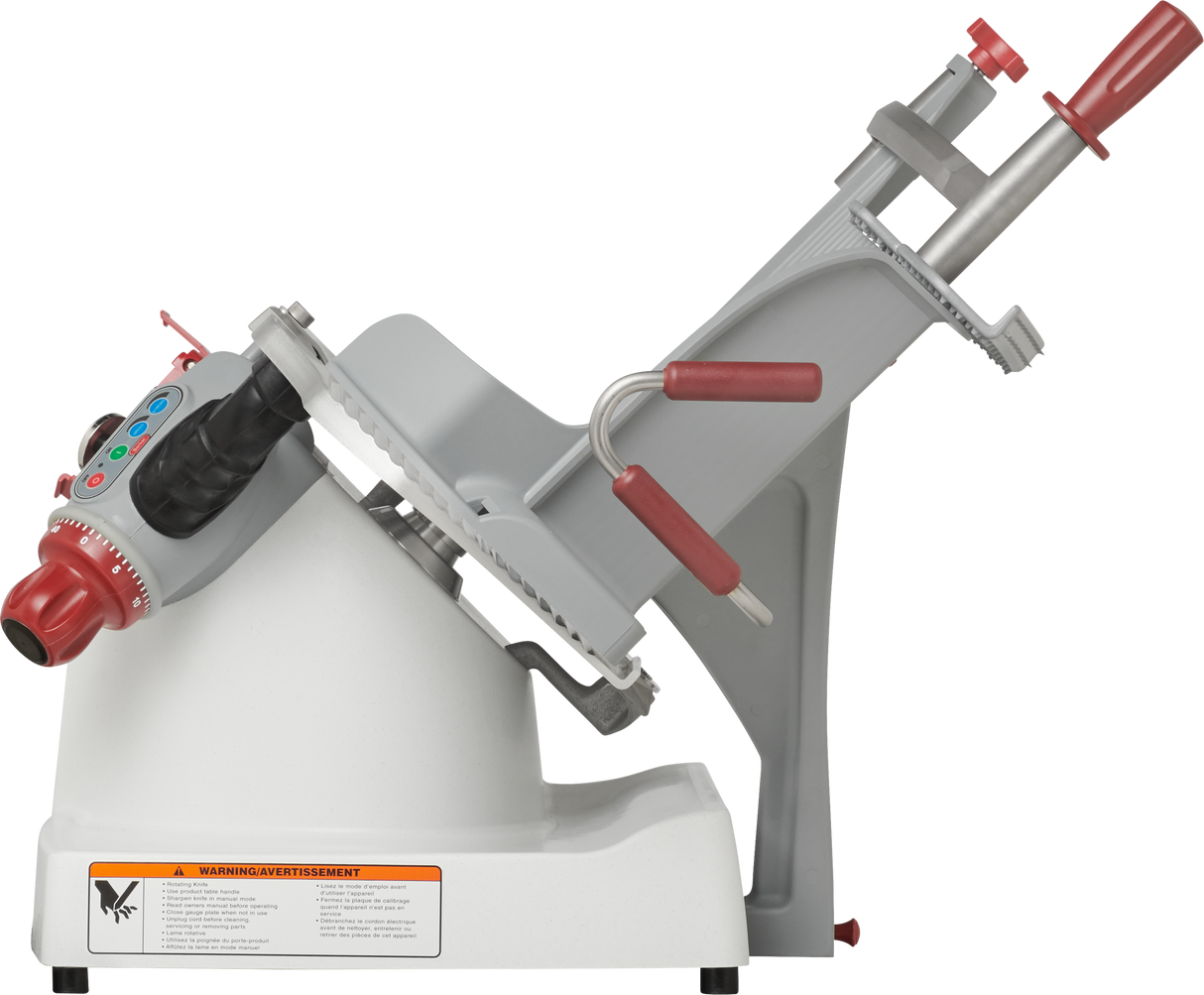 The Berkel X13A-PLUS is a premium food slicer featuring a tilted metal platform, red and black dials and levers, and a circular blade. With automatic and manual slicer options, it delivers precise cuts with style and advanced safety features.