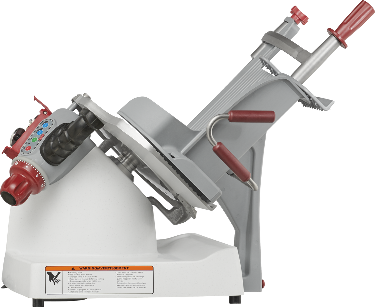The Berkel X13A-PLUS Premium Food Slicer features a tilted silver blade, adjustable thickness knob, red safety guard, handle grips, and a white base with warning label. Designed for precision cutting of meats and cheeses, it offers both automatic and manual slicing modes.