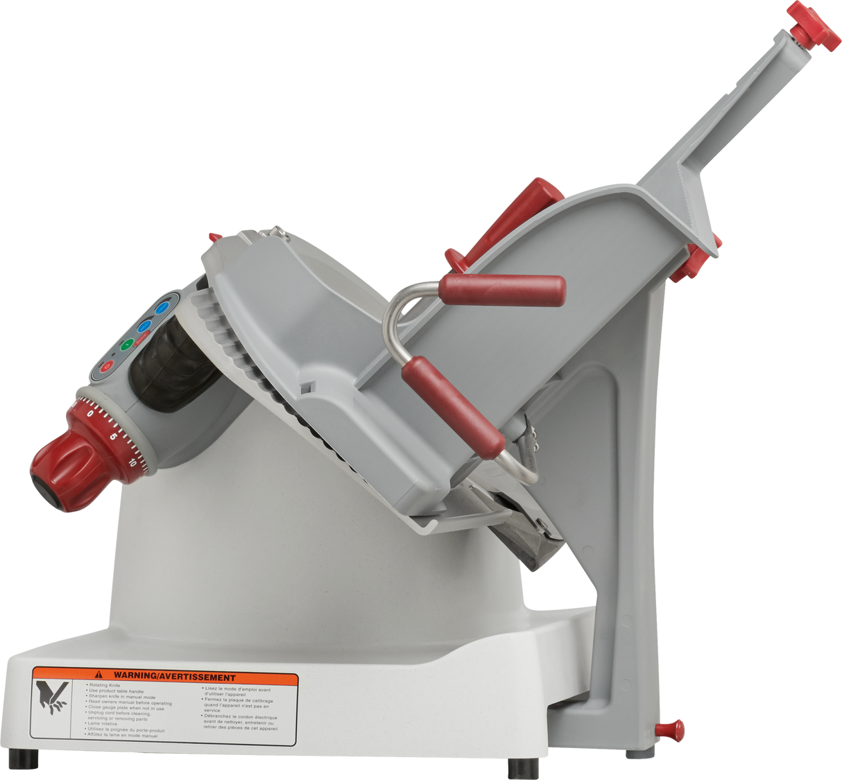 The Berkel X13A-PLUS premium food slicer features a white base, angled gray platform, red handles, and side control panel. The automatic food slicers blade and carriage are visible, with a safety warning label on the base.