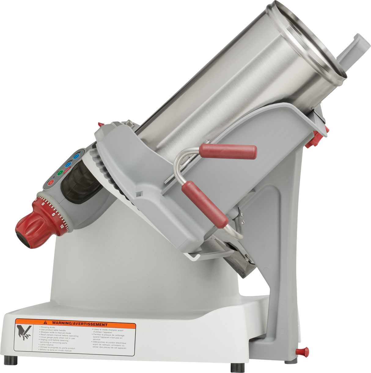 A commercial stainless steel meat tumbler machine with a cylindrical drum set at an angle, red and gray handles, a digital control panel, and a warning label on the white base—an ideal companion for the Berkel X13A-PLUS Premium Food Slicer.