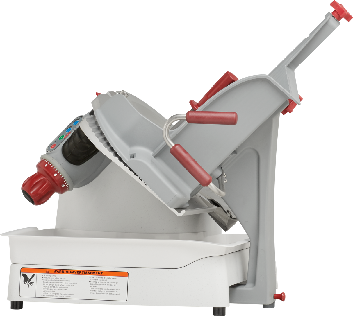 A Berkel X13A-PLUS automatic food slicer with a tilted, gray body, red safety handles, a circular blade, and adjustment knobs. It features a digital display on the front, white base, and a safety warning label at the bottom front.