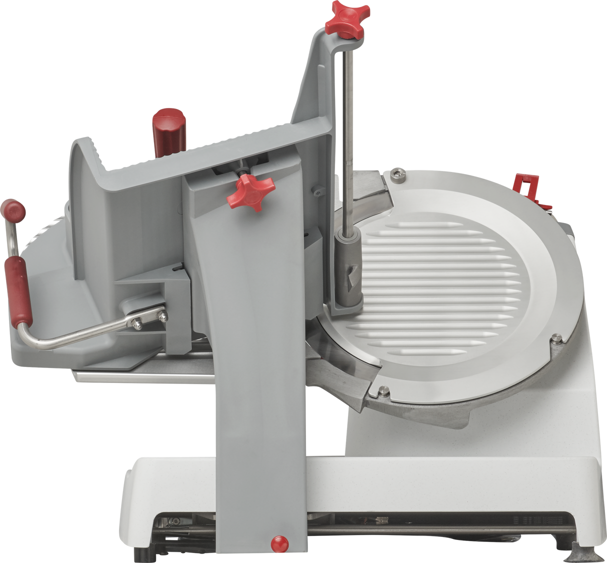 The Berkel X13A-PLUS Premium Food Slicer features a 13 stainless steel knife, metallic body, red knobs and handles, a round ridged cutting surface, and a vertical guide for precise slicing of meats, cheeses, or vegetables.