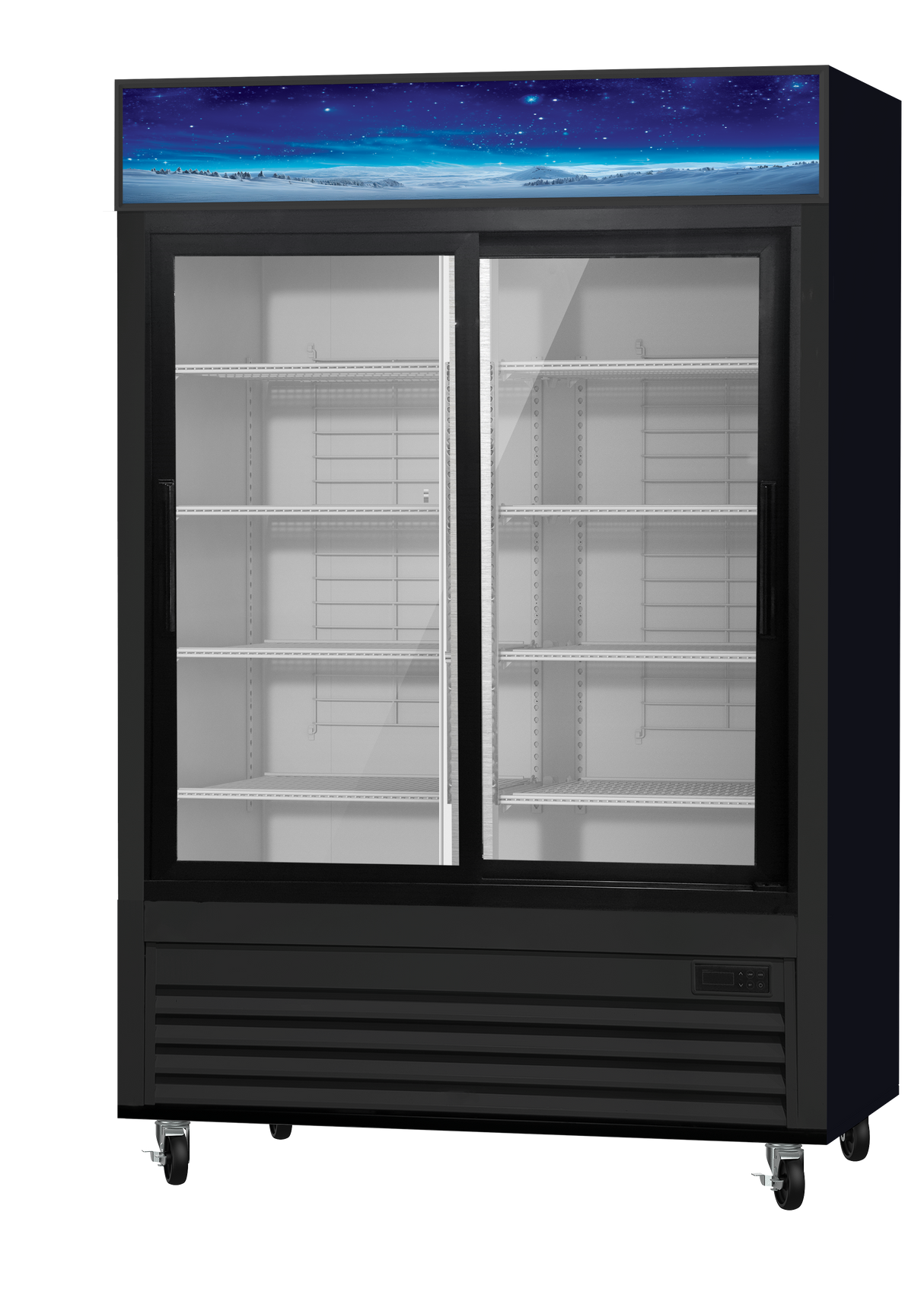 A large, black 49 Cu. Ft. refrigerated merchandiser with two glass doors, empty white wire shelves, and wheels at the bottom. The top panel displays a blue, starry night sky over a snowy landscape.