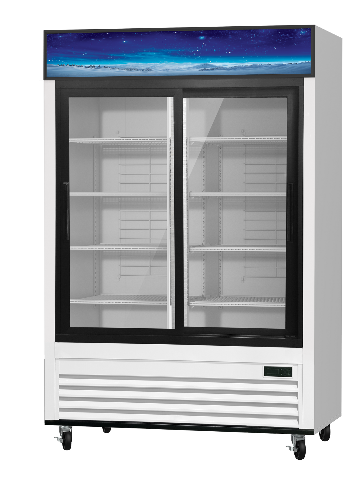 A Refrigerated Merchandiser with glass double doors, empty white wire shelves, and a blue night sky graphic above. Features black door frames, caster wheels, a digital display, and bright LED interior lighting for clear product visibility.