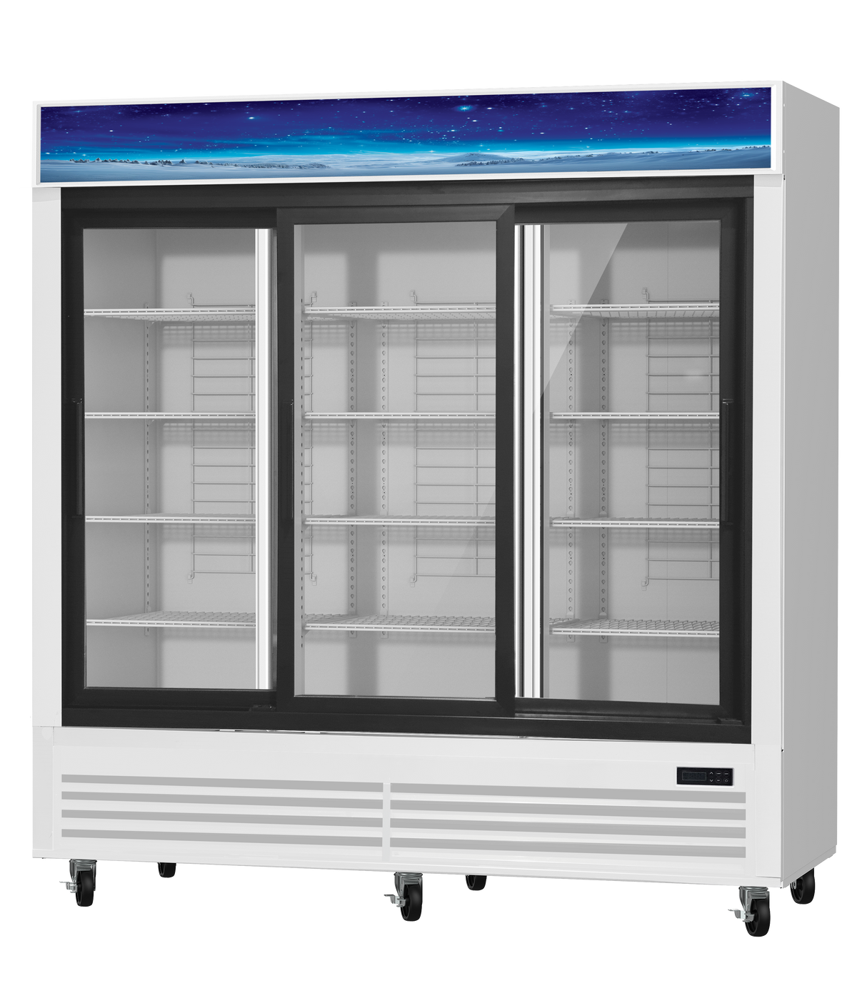 A large glass door refrigerator with three sliding doors, white exterior, and multiple empty metal shelves sits on wheels. Featuring a blue decorative panel, ventilation grilles, and a digital display, this commercial refrigerator is ideal for any business.