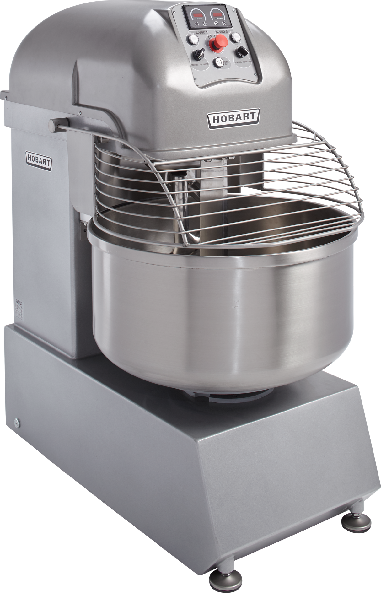 A large, industrial stainless steel Hobart Spiral Mixer with a control panel on top, safety guard over the mixing bowl, spiral dough hook, and sturdy base. Designed for commercial kitchens or bakeries, it features a 220-pound capacity and sits on four metal feet.