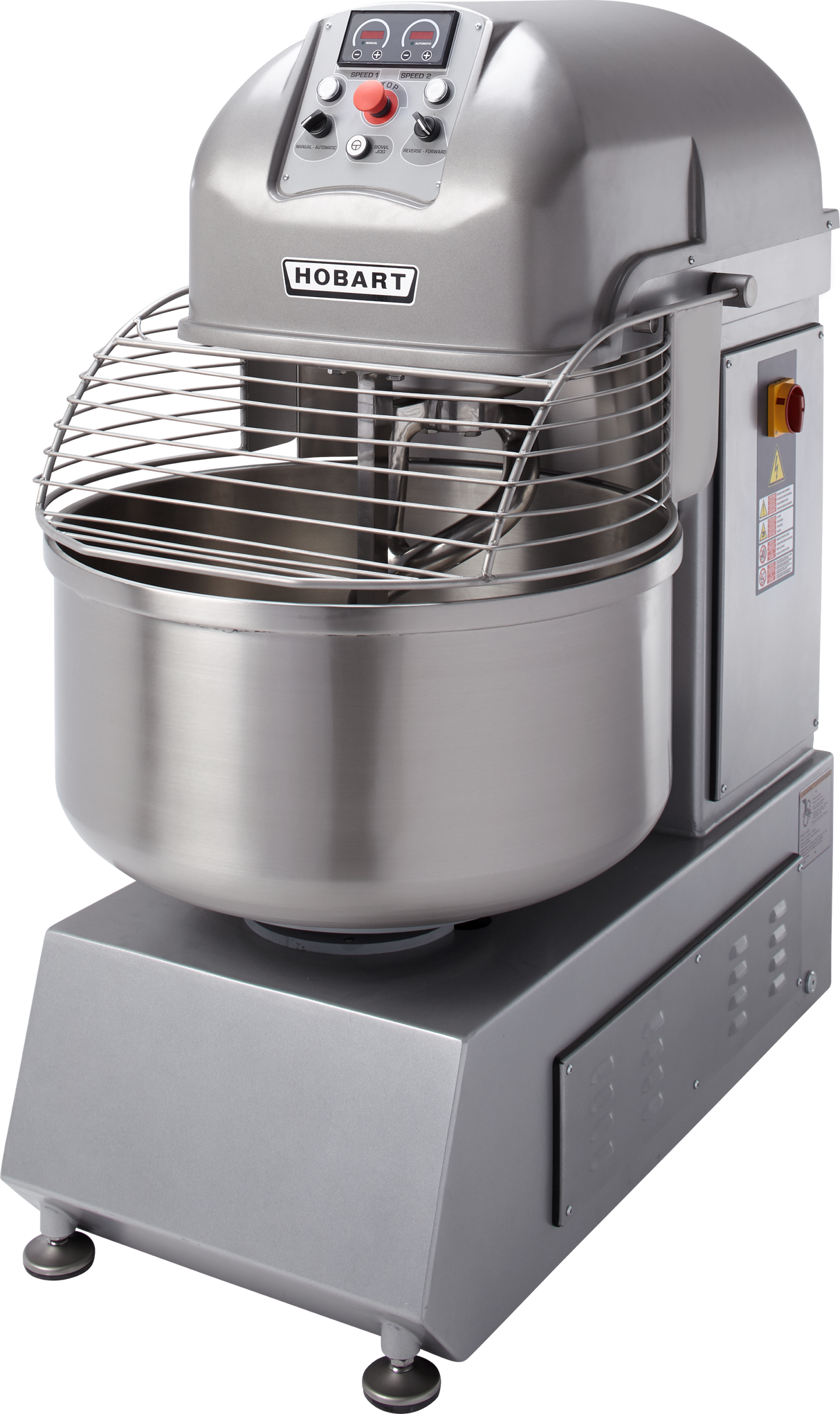 A large Hobart Spiral Mixer with a 220-pound capacity, featuring a stainless steel bowl, spiral dough hook, protective wire guard, and a control panel on top. The metallic gray mixer is mounted on a sturdy base with visible warning labels.