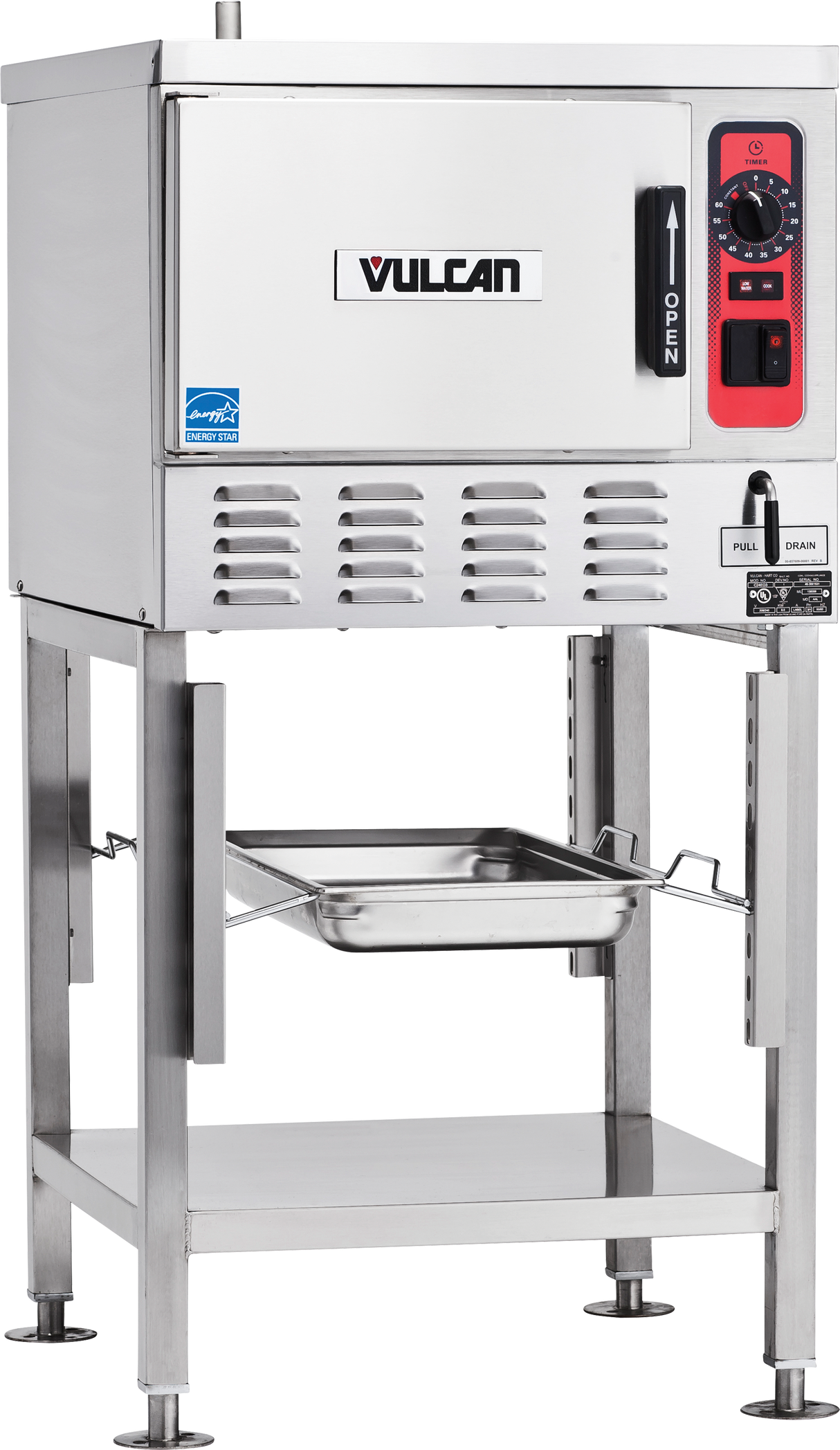 A commercial Vulcan stainless steel electric steamer on a stand. The top section has a control panel with dials and buttons, a large handle, and a door labeled OPEN. Below, a metal steam pan rests on a shelf with lower storage space.