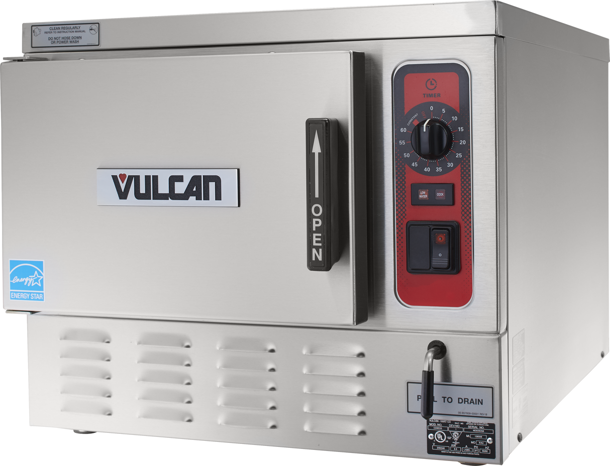 A stainless steel Vulcan boilerless countertop electric steamer with a front door handle labeled “OPEN,” a control panel featuring a timer dial, power switch, and indicator lights. Vents and a “Push to Drain” button are visible on the lower front panel.