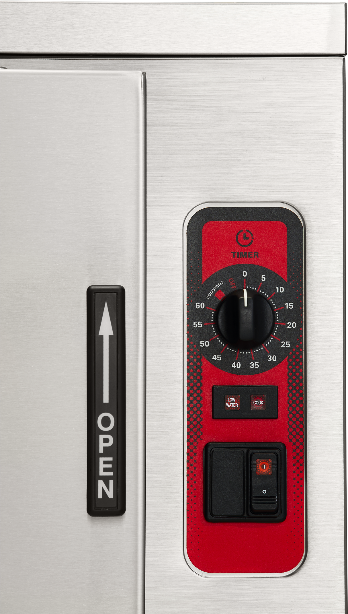 Close-up of a stainless steel electric steam cooker panel. On the left, a black handle labeled OPEN points up. On the right, a red timer dial ranges from 0 to 60 minutes, with two black switches and indicator lights below.