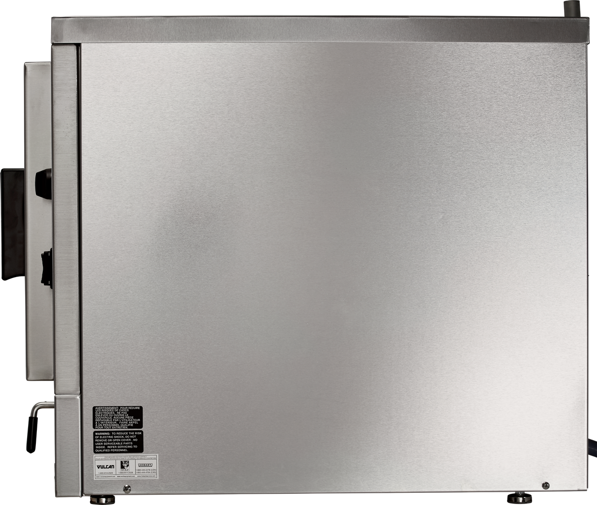 A large, stainless steel commercial kitchen appliance with a flat, smooth side panel—this electric steam oven features metal handles and levers on the left edge, manufacturer labels, and a small leg at the bottom for an industrial, clean appearance.