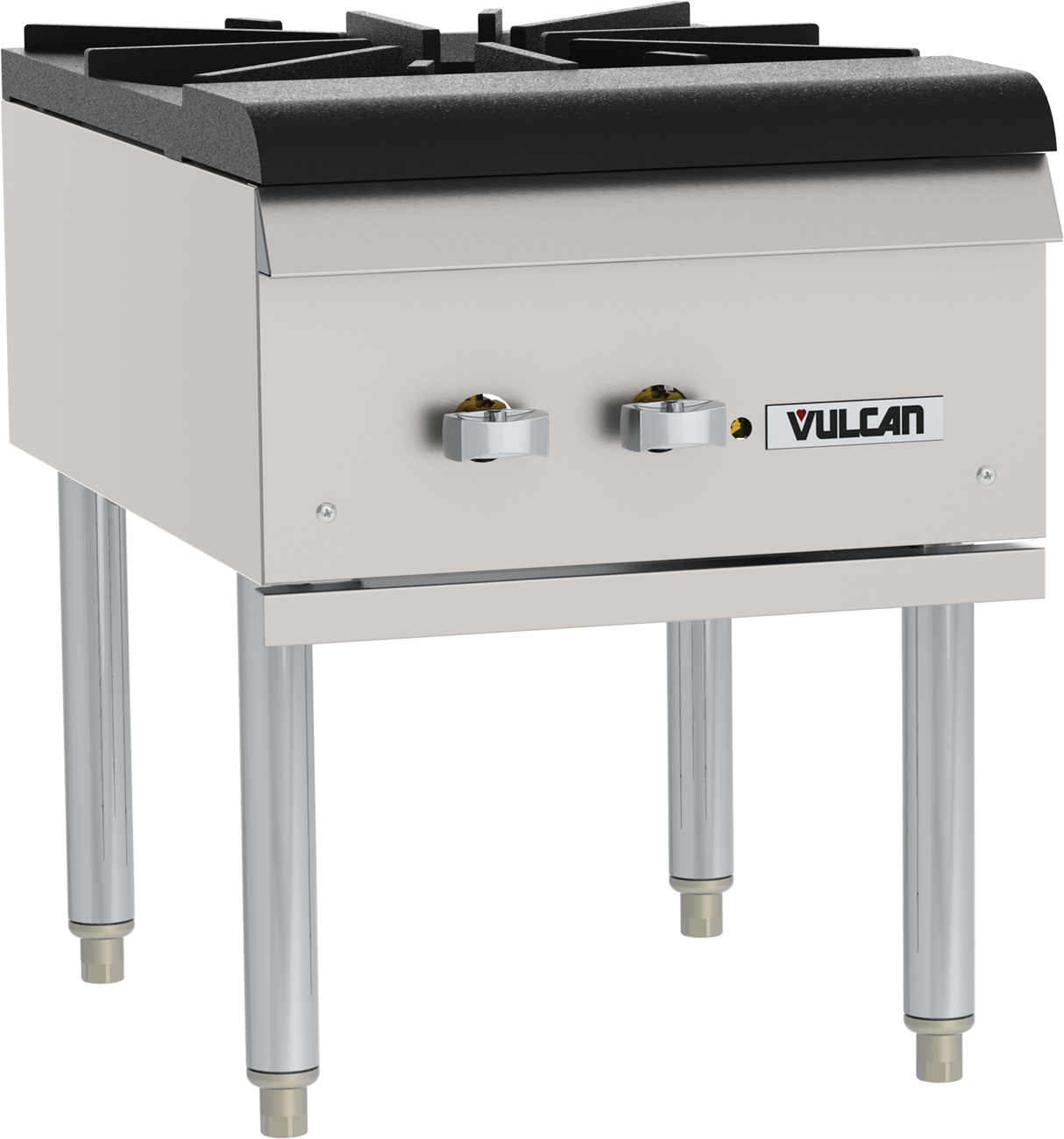 A commercial-grade Vulcan VSP100 stock pot range featuring a stainless steel gas burner stove with a black cast iron grate, two control knobs, four sturdy metal legs, and the Vulcan logo—perfect for restaurant or industrial kitchen use.