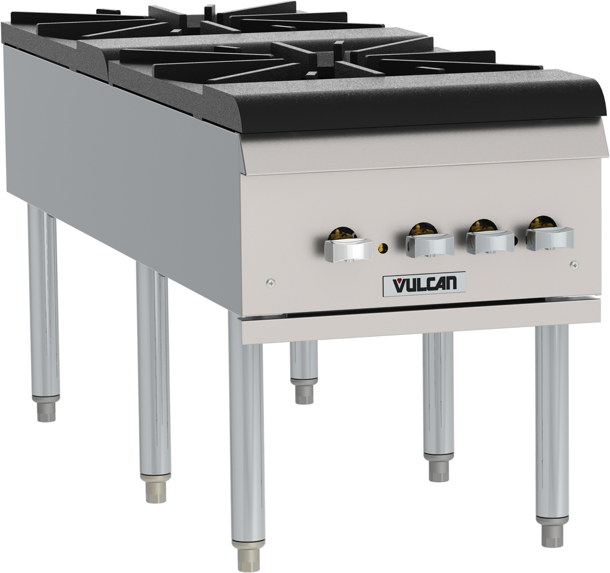 A commercial stainless steel Vulcan VSP200F stock pot range with four large gas burners, sturdy silver control knobs, black cast iron grates, and four metallic legs. The appliance is designed for professional kitchen use.