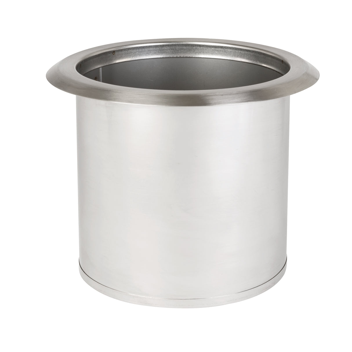 A cylindrical stainless steel drop-in container with a wide, flat rim at the top. Its smooth, reflective surface and open top reveal a hollow interior, resembling a sleek Trash Chute against a plain white background.