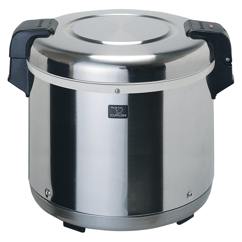 A stainless steel Zojirushi America rice warmer with a round, smooth body and domed lid. It features black handles on both sides and the Zojirushi logo on the front, ideal as a commercial rice cooker with its shiny exterior reflecting light.